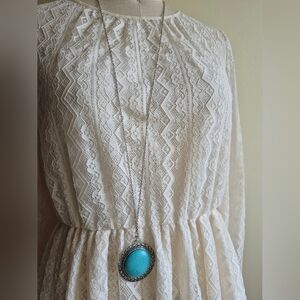 Super Long Turquoise and Silvertone Pendant Necklace